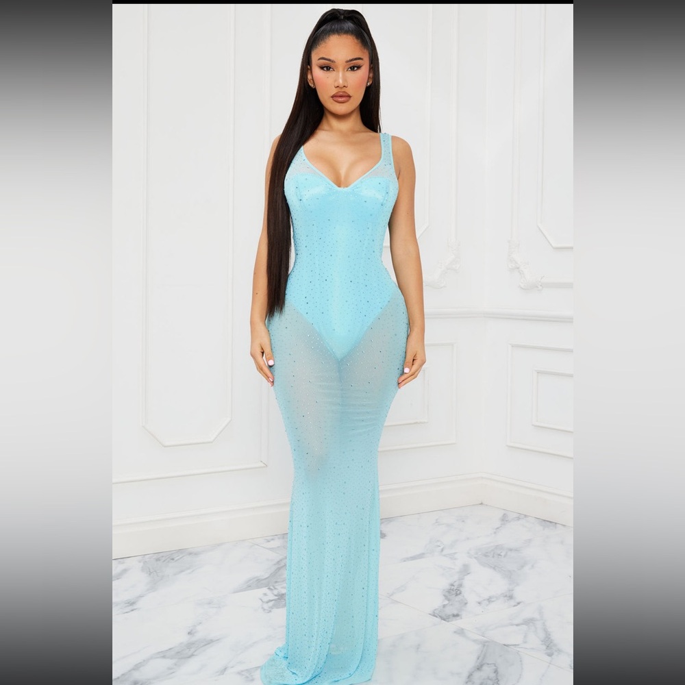 AQUA BLUE Embelished one Piece Mesh Dress BRAND NEW WITH TAGS